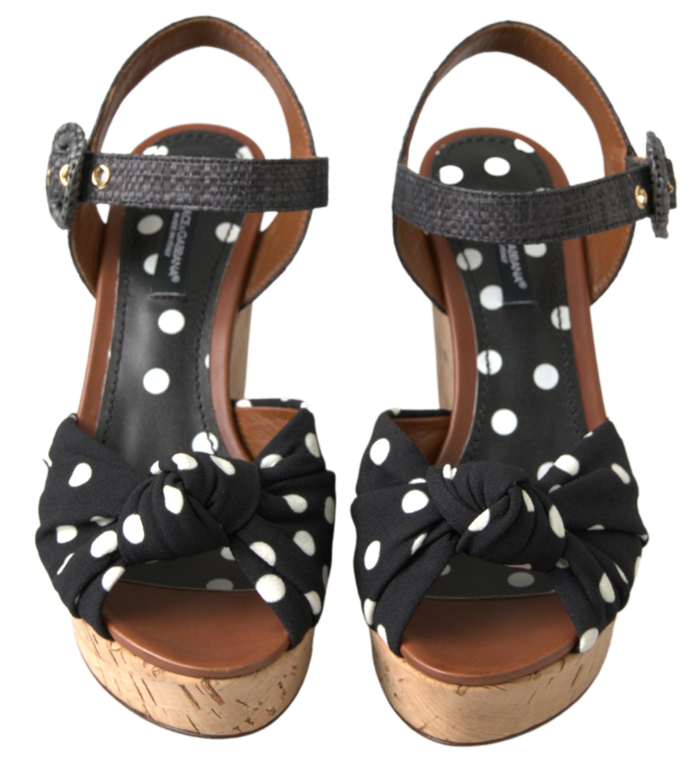 Sandales à talons compensés Dolce & Gabbana noires avec pois, bride à la cheville et design élégant, pour femmes.