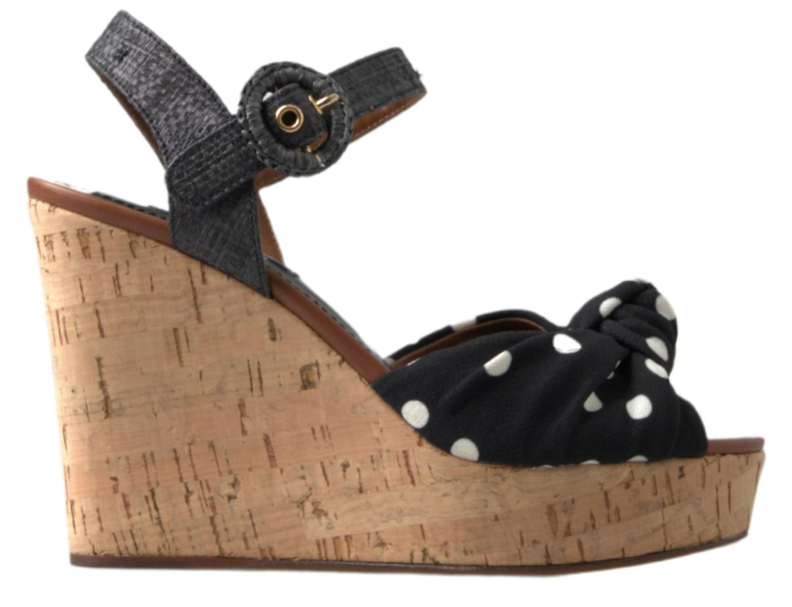 Sandales à talons compensés noires Dolce & Gabbana avec brides à pois et boucle à la cheville.