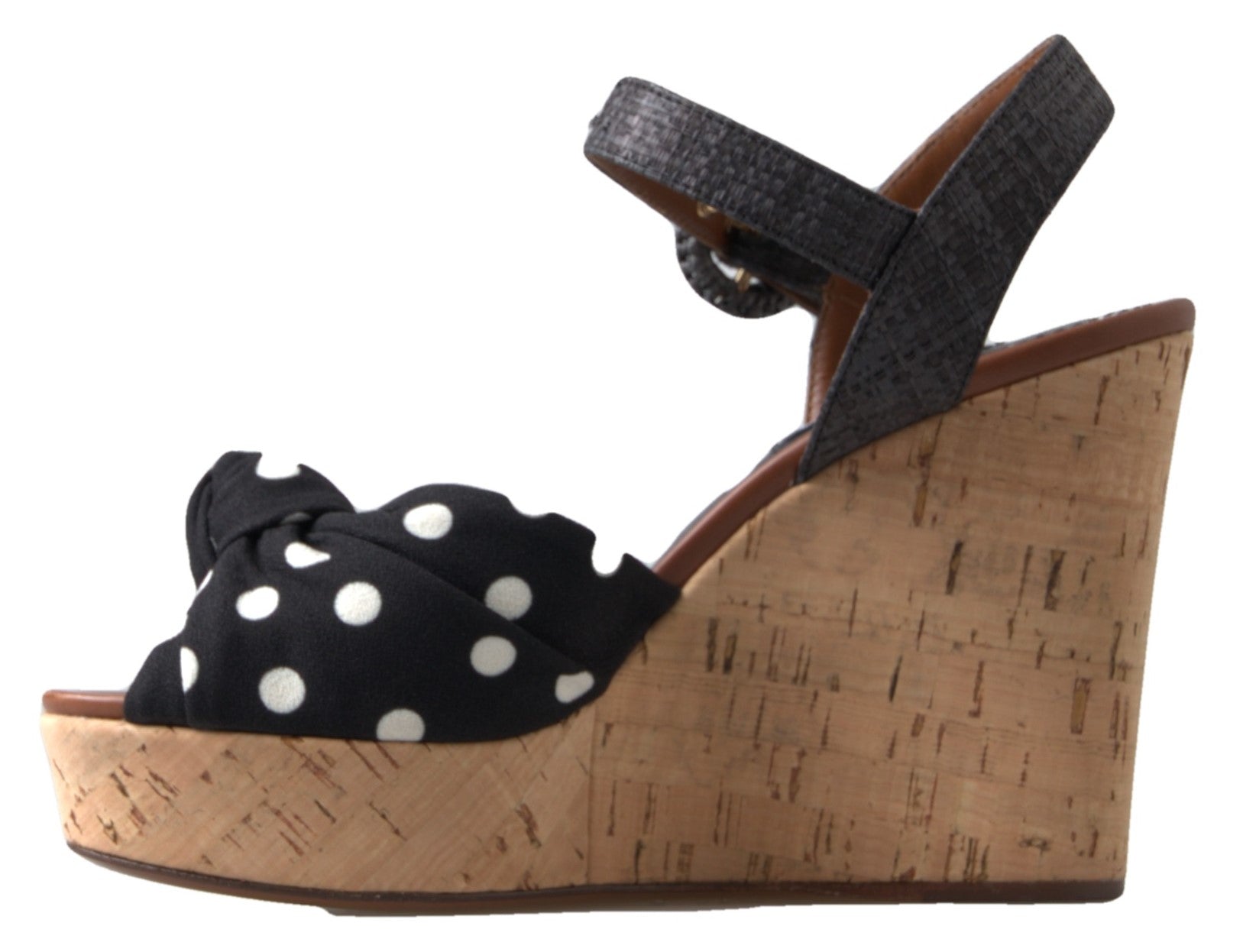 Sandales à talons Dolce & Gabbana noires avec brides à pois et semelle en bois, chaussures d'été élégantes pour femme.