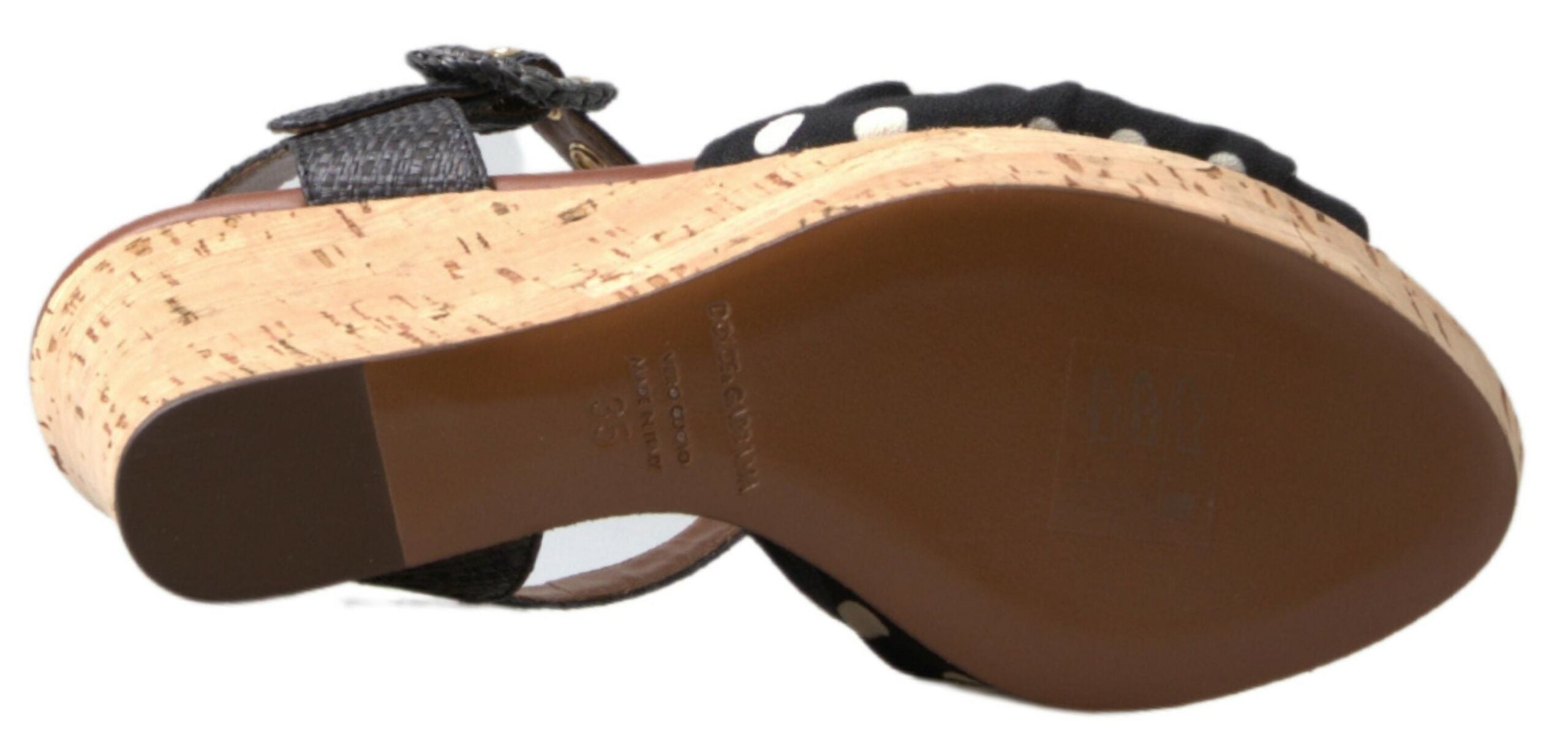Sandales à talons noirs Dolce & Gabbana avec bride à la cheville à pois et semelle en wedge, vue latérale.