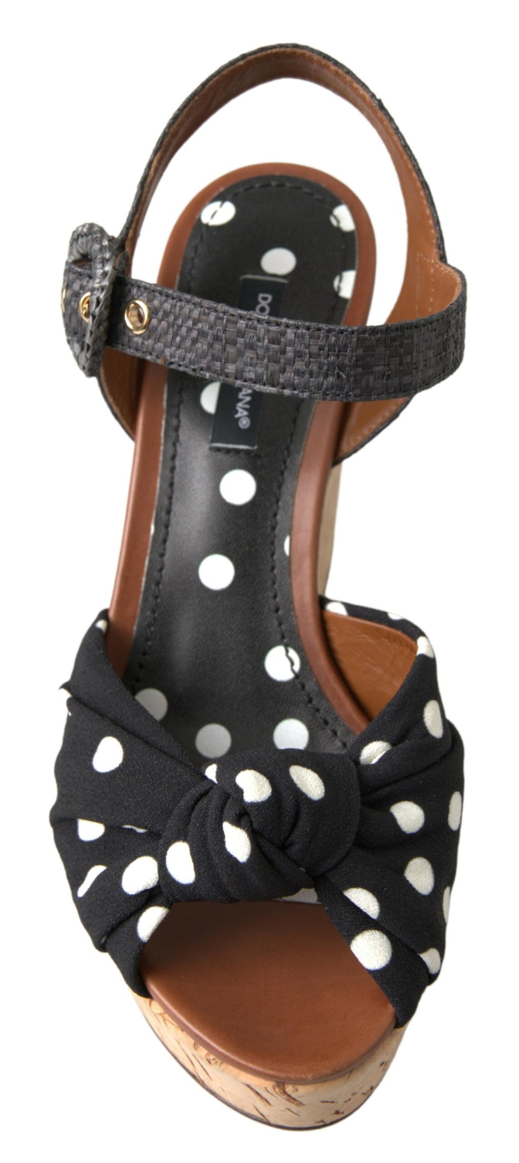 Sandales à talons wedges noires Dolce & Gabbana à pois avec bride à la cheville.