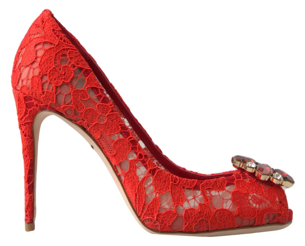 Escarpins rouges Dolce & Gabbana Taormina en dentelle avec cristaux, chaussures élégantes à talons hauts.