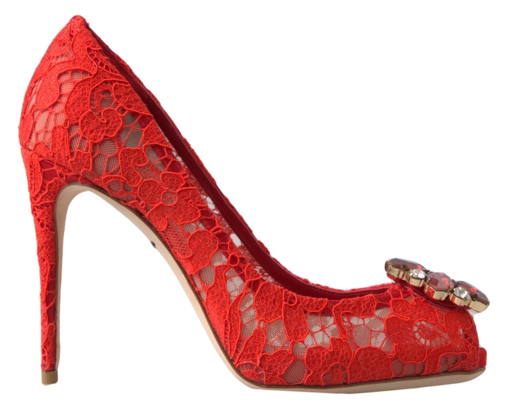Escarpins rouges Dolce & Gabbana Taormina en dentelle avec cristaux, chaussures élégantes à talons hauts.