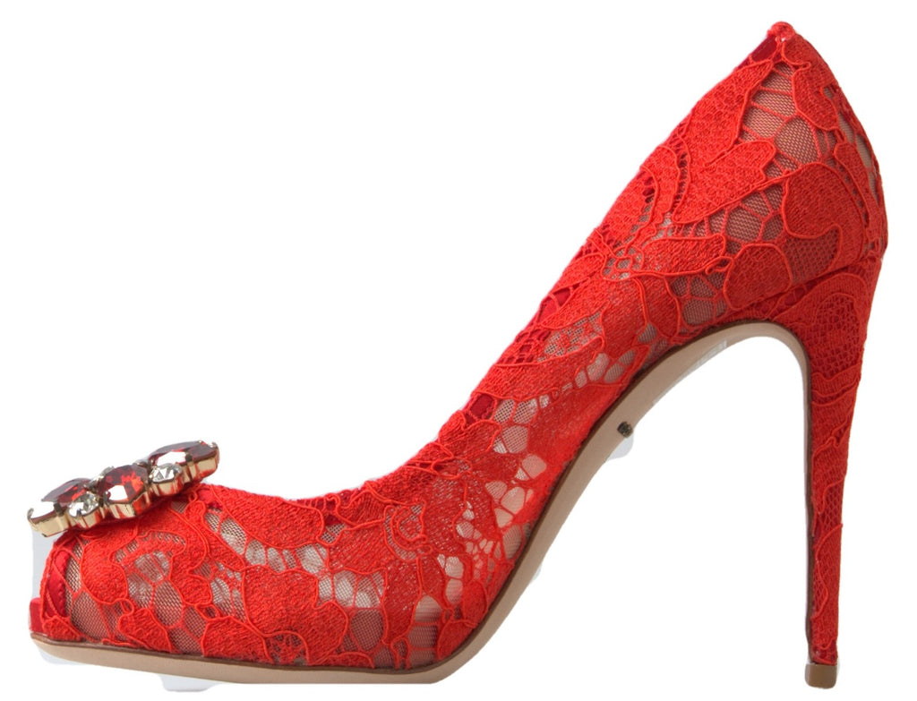 Escarpins rouges Dolce & Gabbana Taormina en dentelle avec cristaux, chaussures élégantes à talons pour femmes.