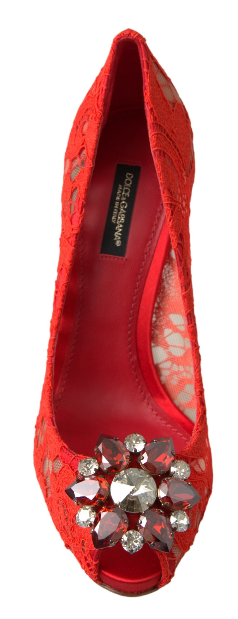 Escarpins en dentelle rouge Dolce & Gabbana Taormina avec cristaux, chaussures élégantes à talons pour femmes.