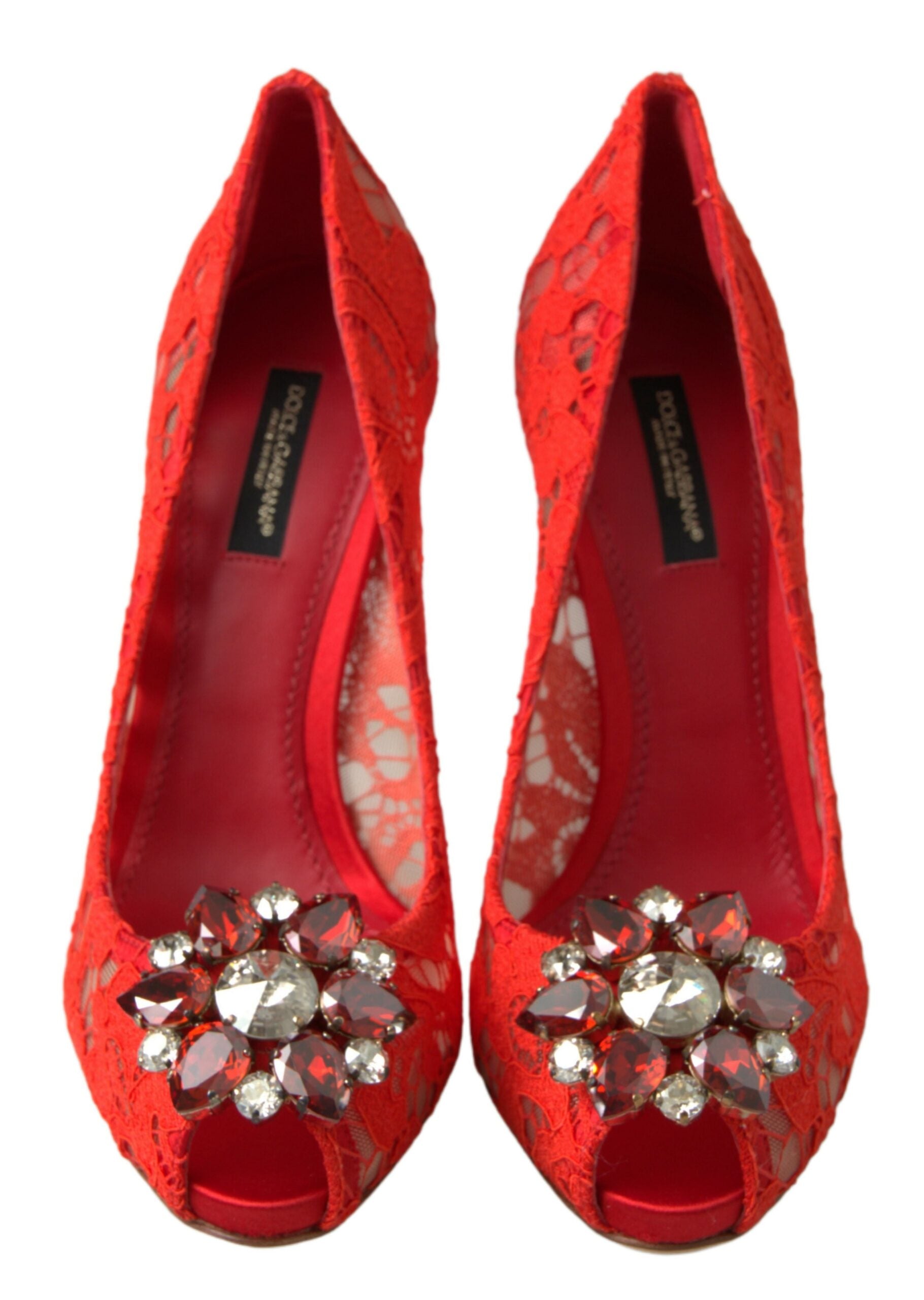 Escarpins en dentelle rouge Dolce & Gabbana Taormina avec cristaux, chaussures élégantes pour femme.