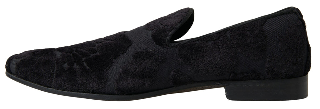 Chaussures formelles Dolce & Gabbana en brocart noir, mocassins élégants pour homme avec finition sophistiquée.