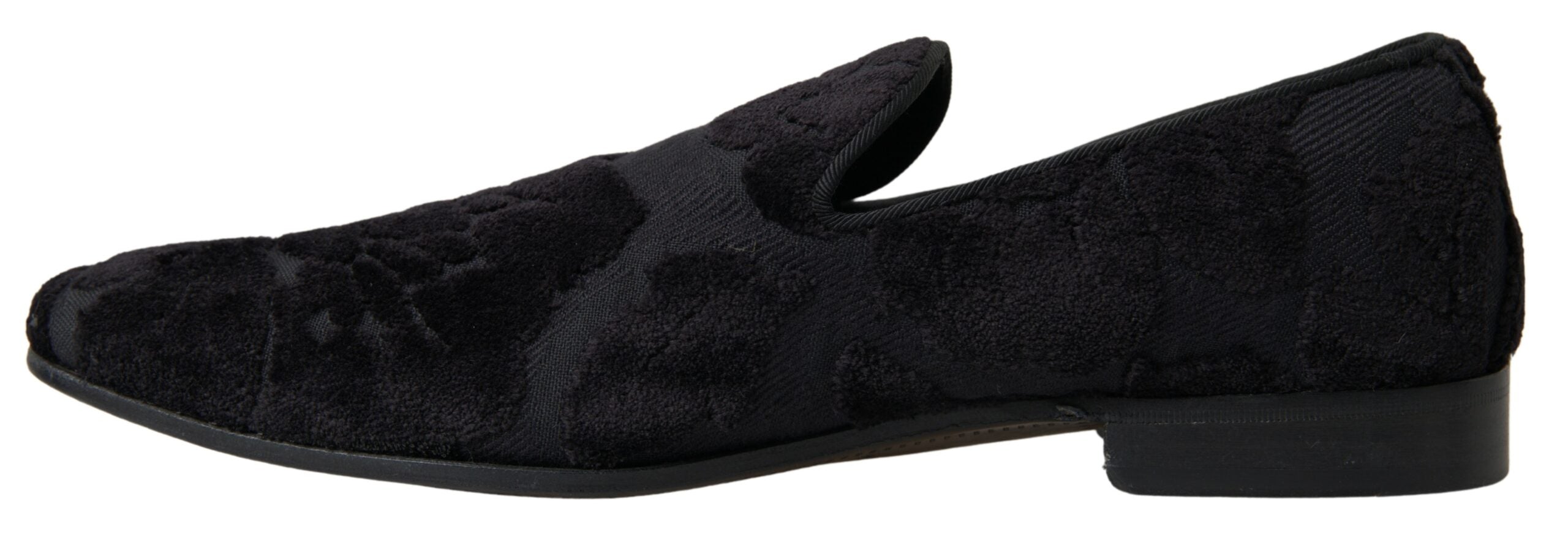 Chaussures formelles Dolce & Gabbana en brocart noir, mocassins élégants pour homme avec finition sophistiquée.