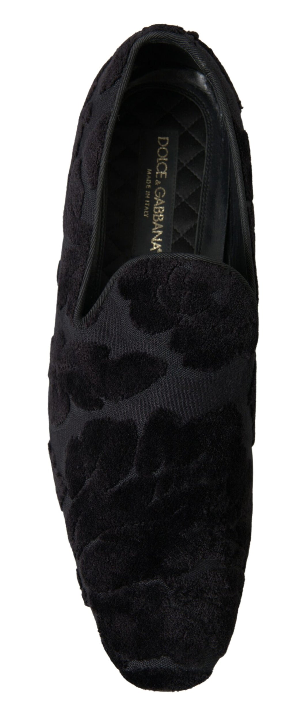 Chaussures formelles Dolce & Gabbana en brocart noir, mocassins élégants pour homme avec finition sophistiquée.