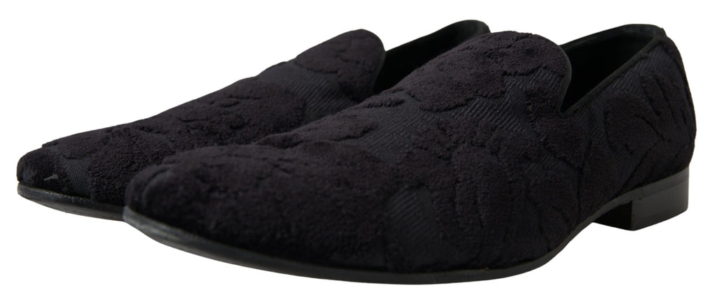 Mocassins noirs en brocart Dolce & Gabbana, chaussures formelles élégantes et sophistiquées, en cuir et tissu brodé.