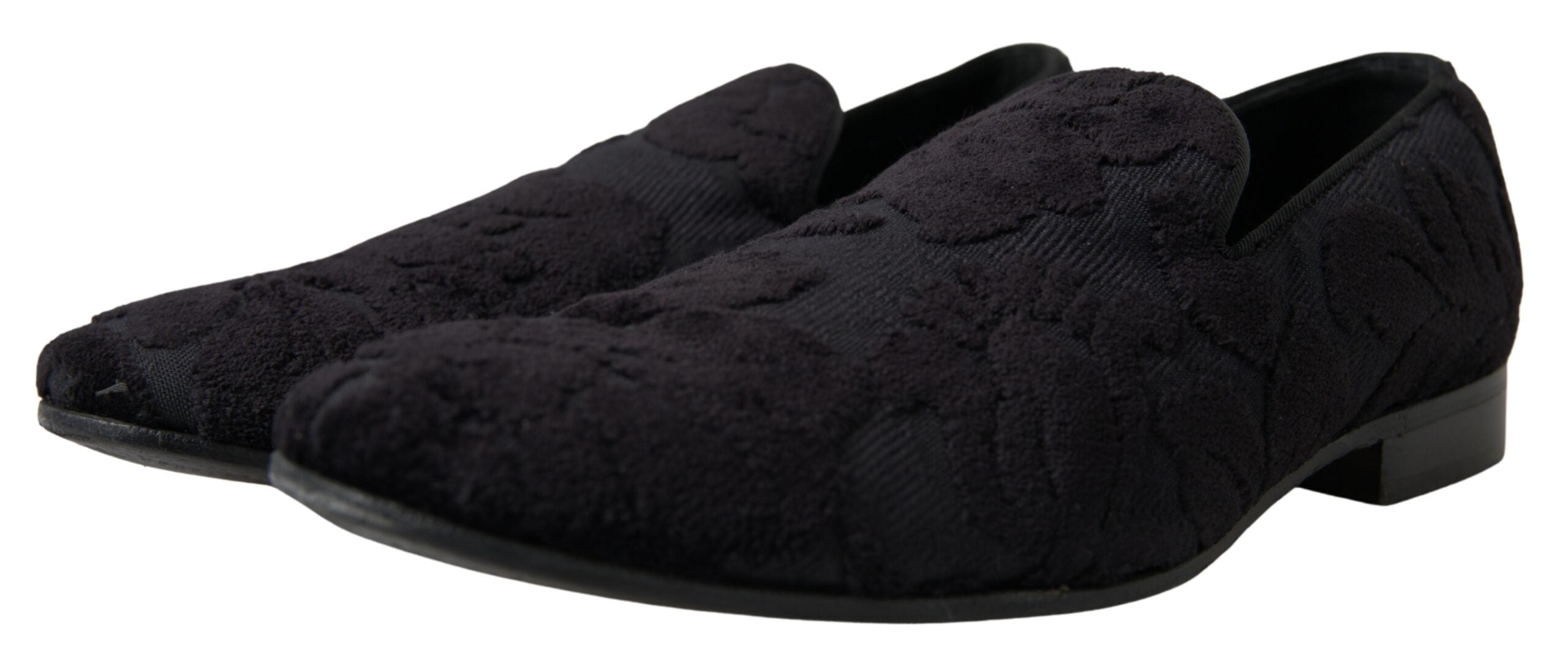 Mocassins noirs en brocart Dolce & Gabbana, chaussures formelles élégantes et sophistiquées, en cuir et tissu brodé.