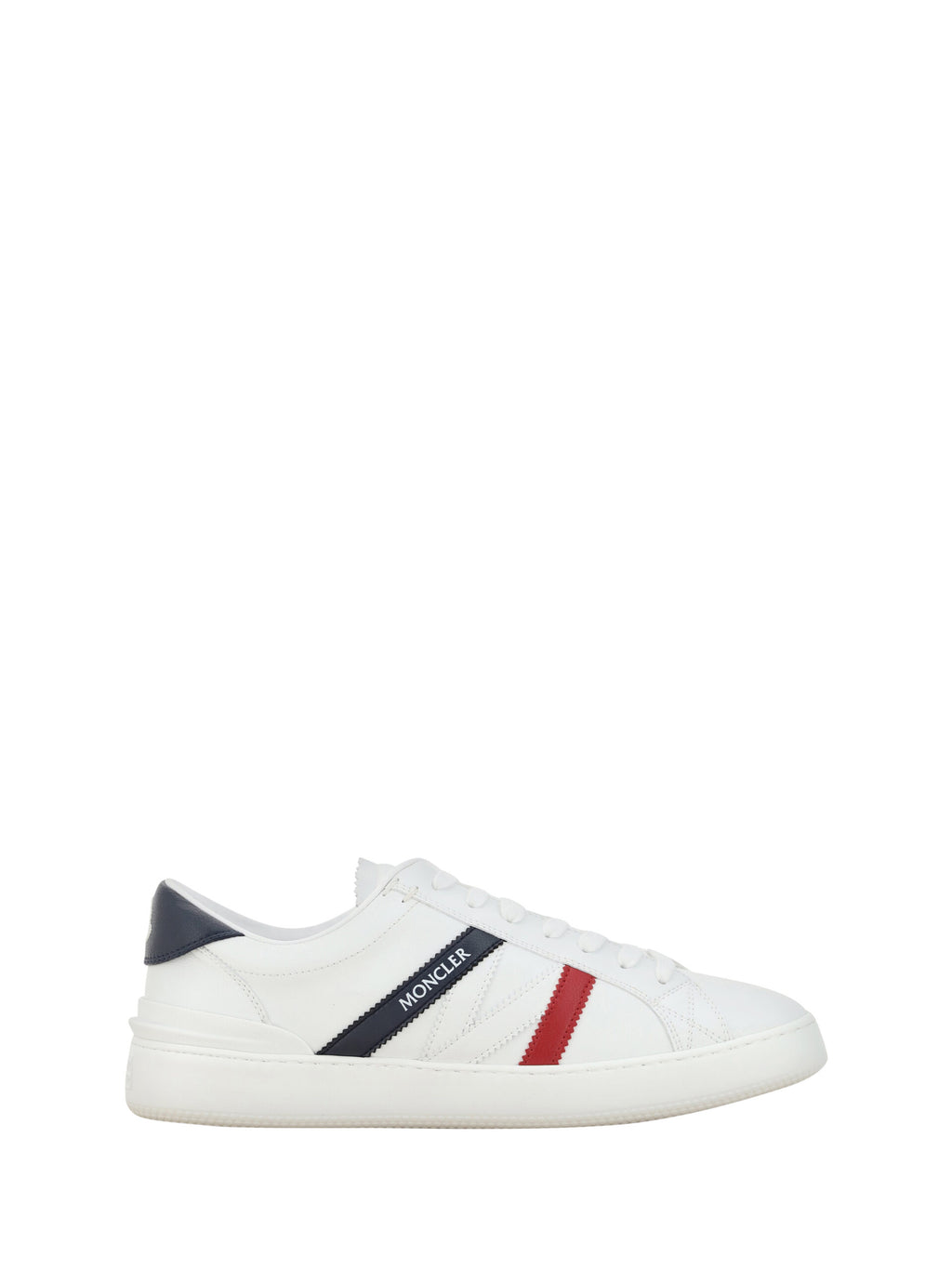Chaussures Moncler Monaco M blanches, baskets basses en cuir avec semelle blanche, style décontracté et moderne.
