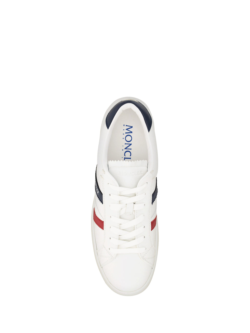 Chaussures Moncler Monaco M blanches, baskets basses élégantes en cuir avec détails modernes, pour un style chic et décontracté.