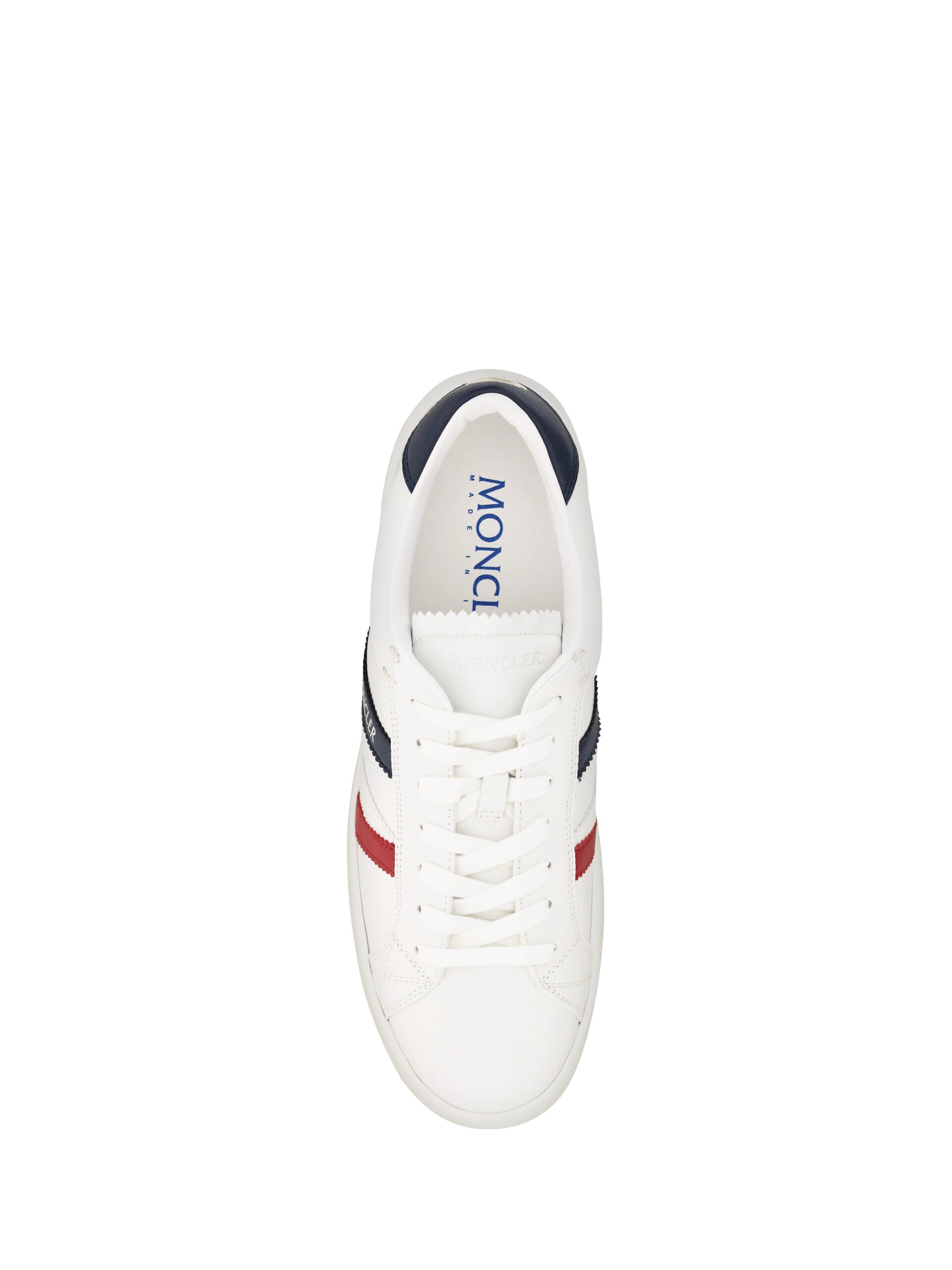 Chaussures Moncler Monaco M blanches, baskets basses élégantes en cuir avec détails modernes, pour un style chic et décontracté.