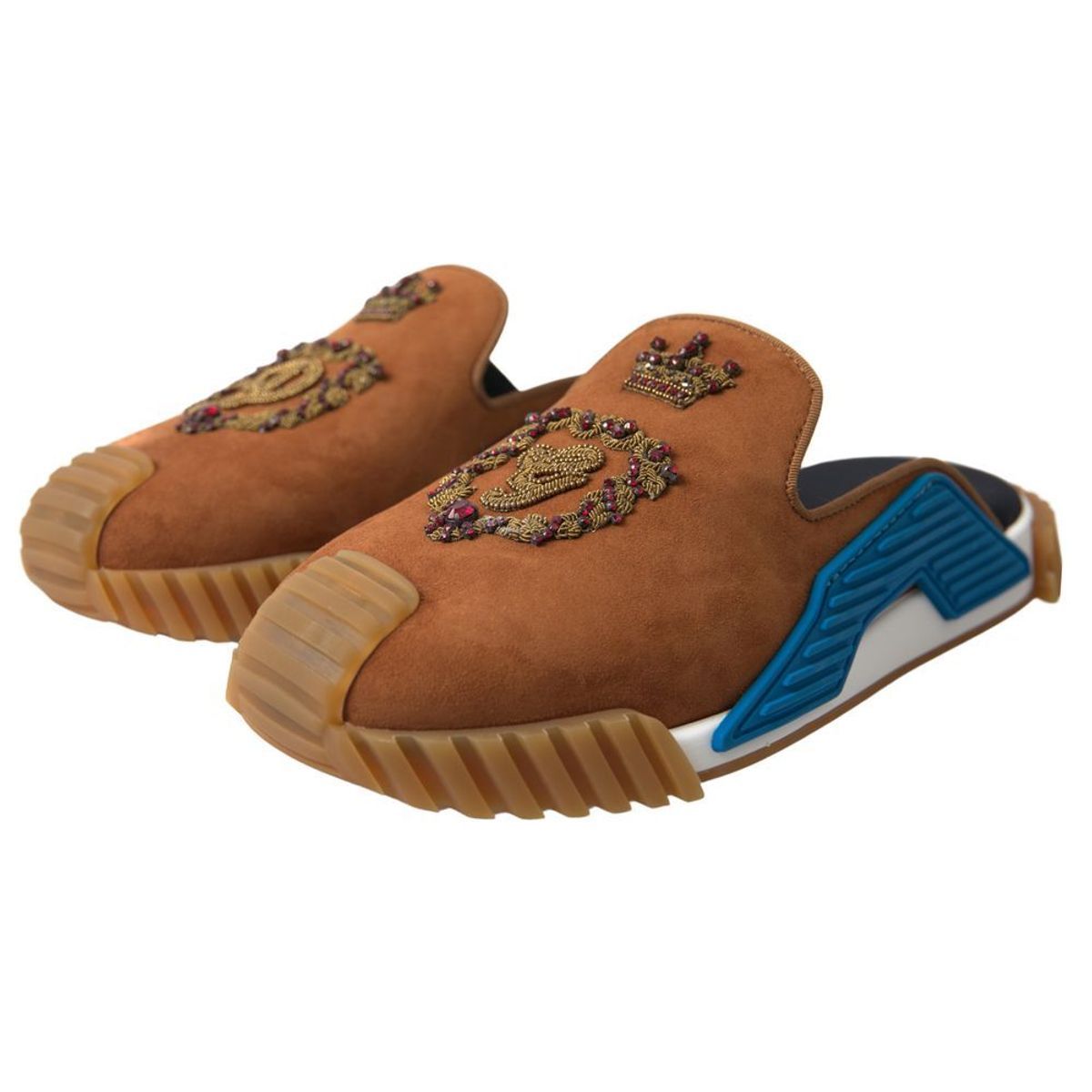 Sandales Dolce & Gabbana NS1 en daim marron avec logo couronne, vue de dessus.