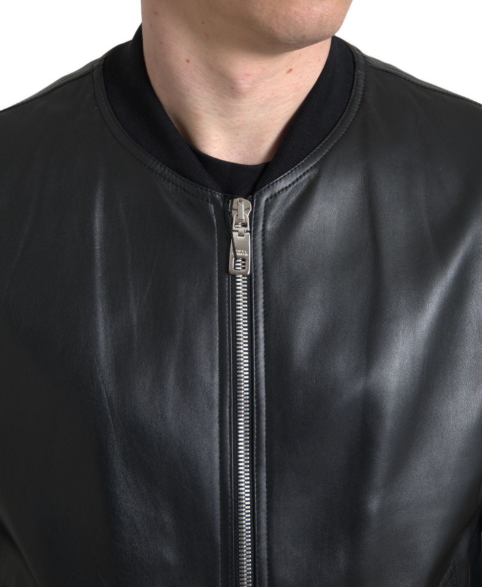 Veste bomber noire en cuir pour homme de Dolce & Gabbana, fermeture éclair complète, style élégant et moderne.