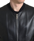 Veste bomber noire en cuir pour homme de Dolce & Gabbana, fermeture éclair complète, style élégant et moderne.