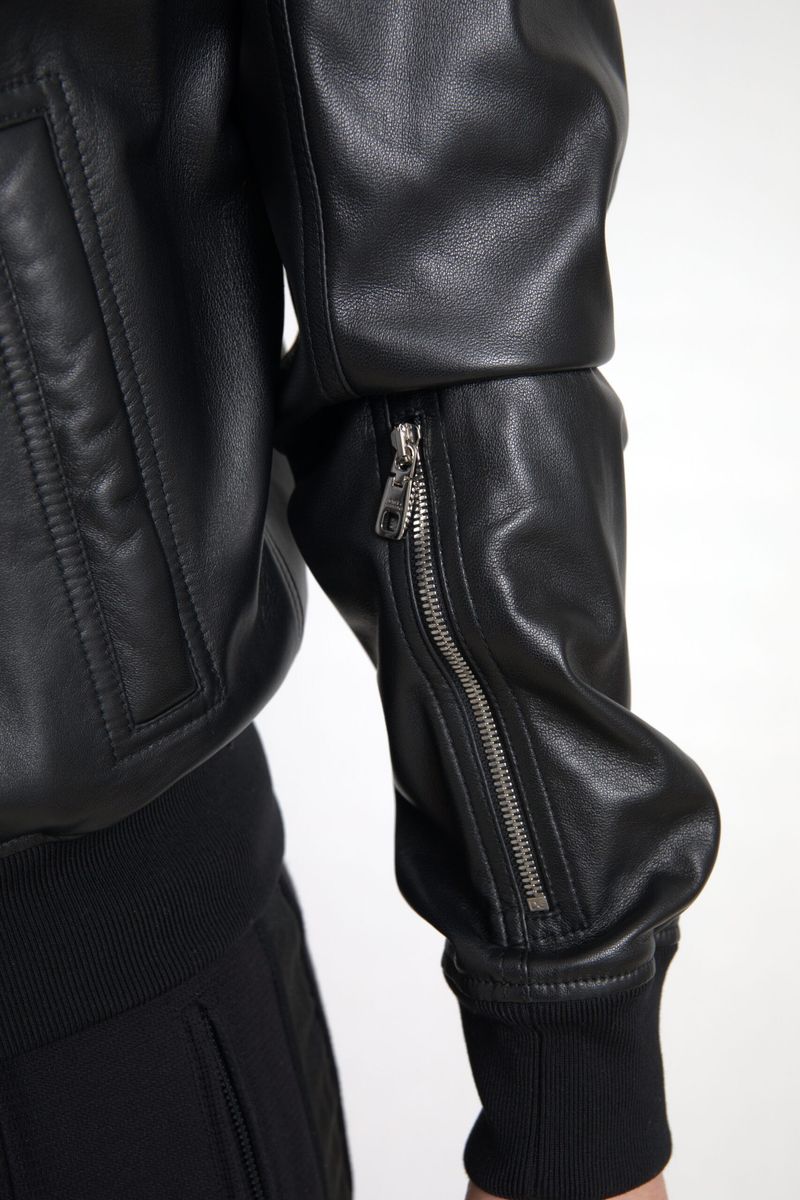 Veste bomber homme noir en cuir Dolce & Gabbana avec fermeture éclair complète, style élégant et moderne.