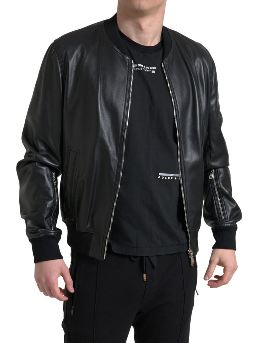 Veste bomber noire en cuir Dolce & Gabbana pour hommes avec fermeture éclair complète, style élégant et moderne.
