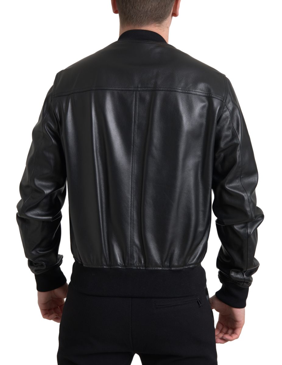 Veste bomber pour homme en cuir noir de Dolce & Gabbana avec fermeture éclair complète, style élégant et moderne.