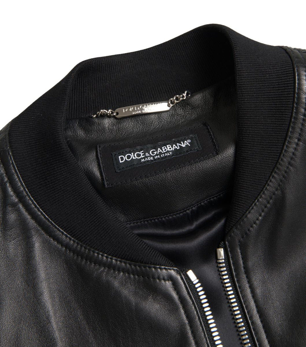 Veste bomber noire en cuir pour homme de Dolce & Gabbana avec fermeture éclair complète, style élégant et moderne.