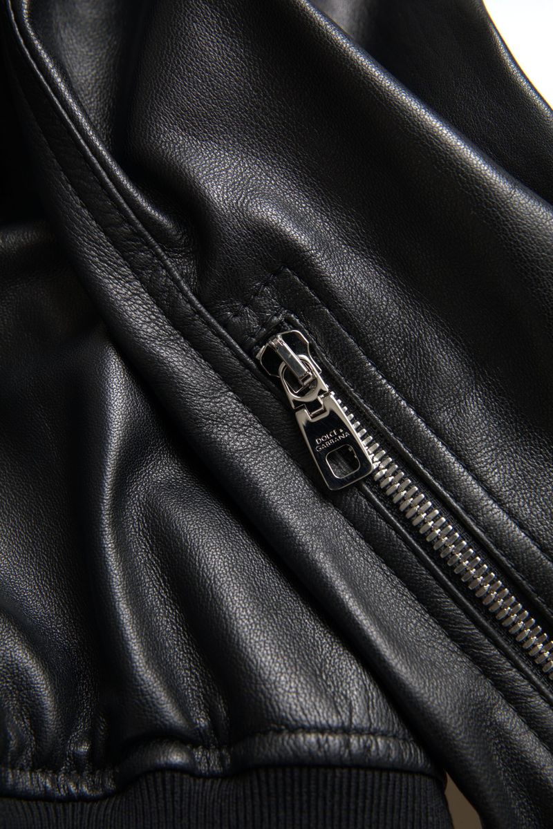 Veste bomber homme en cuir noir Dolce & Gabbana avec fermeture éclair complète, style élégant et moderne.