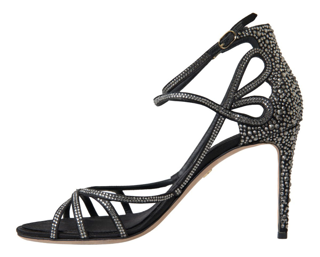 Sandale stilettos en satin Dolce & Gabbana ornée de strass, chaussures élégantes avec talons hauts et finition sophistiquée.