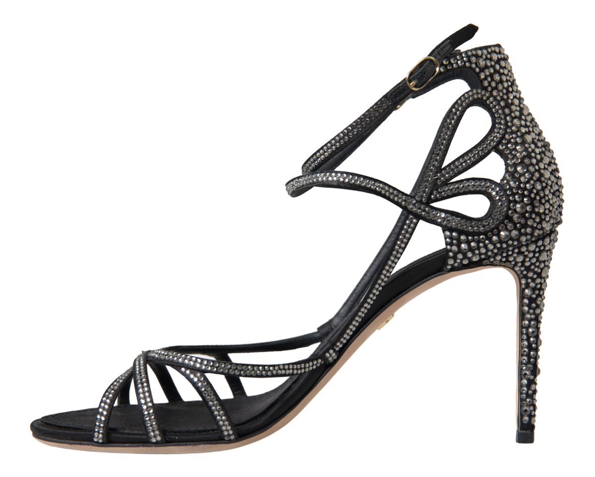 Sandale stilettos en satin Dolce & Gabbana ornée de strass, chaussures élégantes avec talons hauts et finition sophistiquée.