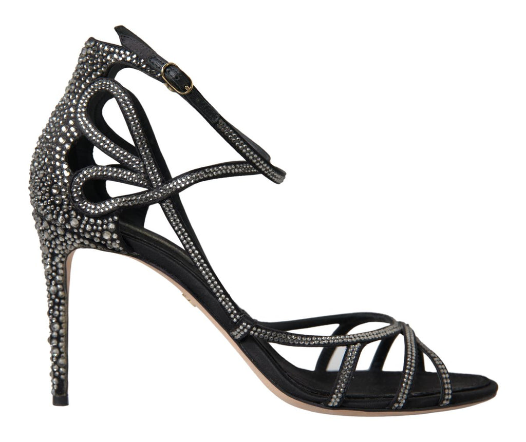 Sandales stilettos en satin Dolce & Gabbana ornées de rhinestones, avec talons hauts élégants et design sophistiqué.
