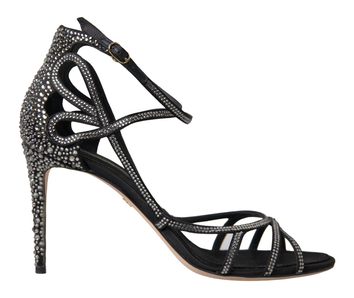 Sandales stilettos en satin Dolce & Gabbana ornées de rhinestones, avec talons hauts élégants et design sophistiqué.