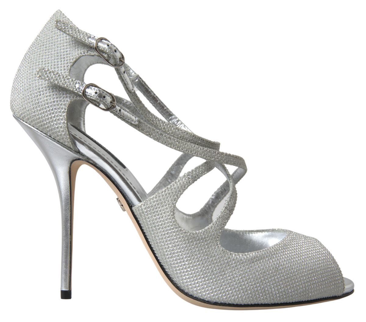 Sandales à talons Dolce & Gabbana Silver Shimmers, chaussures élégantes en finition brillante, vue en gros plan.