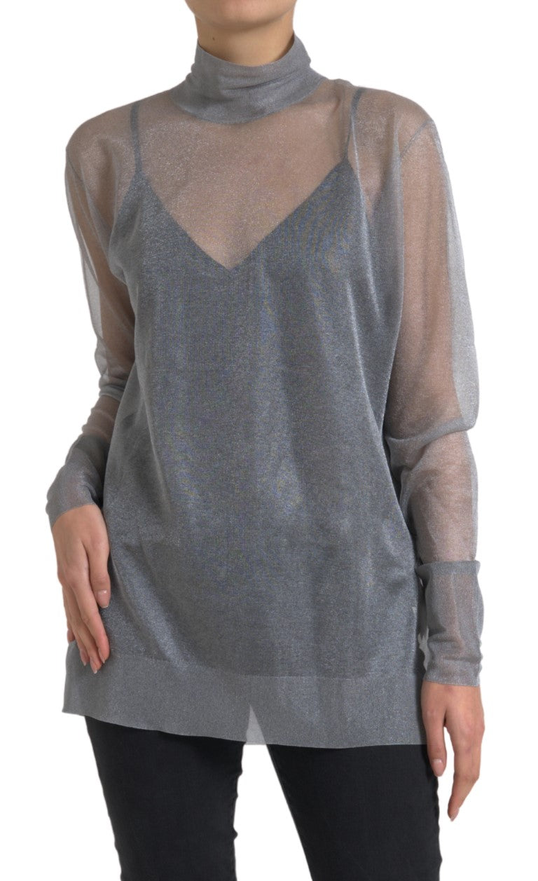 Chemise Dolce & Gabbana en maille gris à col roulé à manches longues, élégante et ajustée, vue de face.
