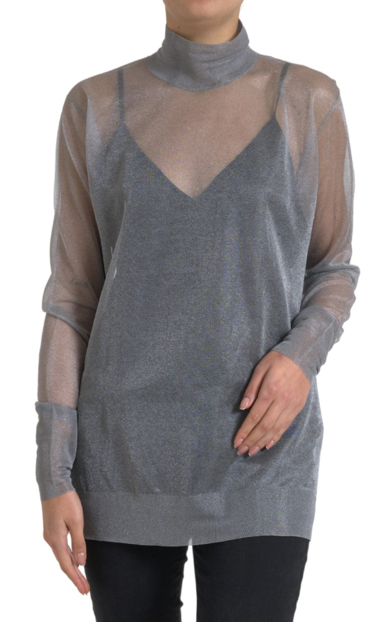 Blouse Dolce & Gabbana en mesh gris à col roulé à manches longues, élégante et ajustée, vue de face.