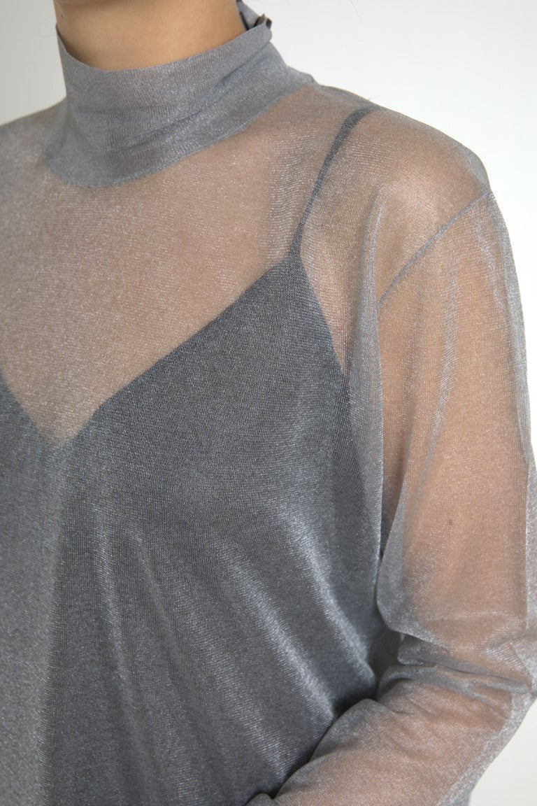 Blouse à col roulé en mesh gris de Dolce & Gabbana, à manches longues, style élégant et moderne.