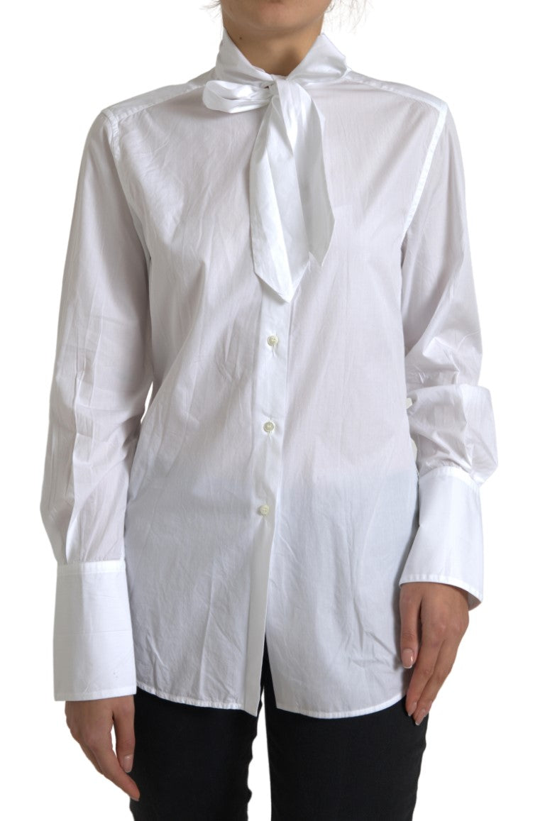 Haut à manches longues en coton blanc avec col ascot de Dolce & Gabbana, élégant et sophistiqué.