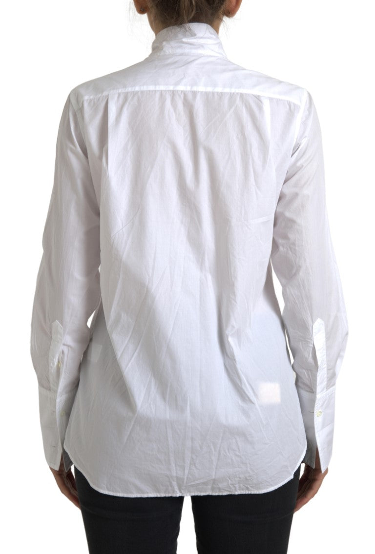 Chemise blanche Dolce & Gabbana en coton à col ascot et manches longues, élégante et raffinée.
