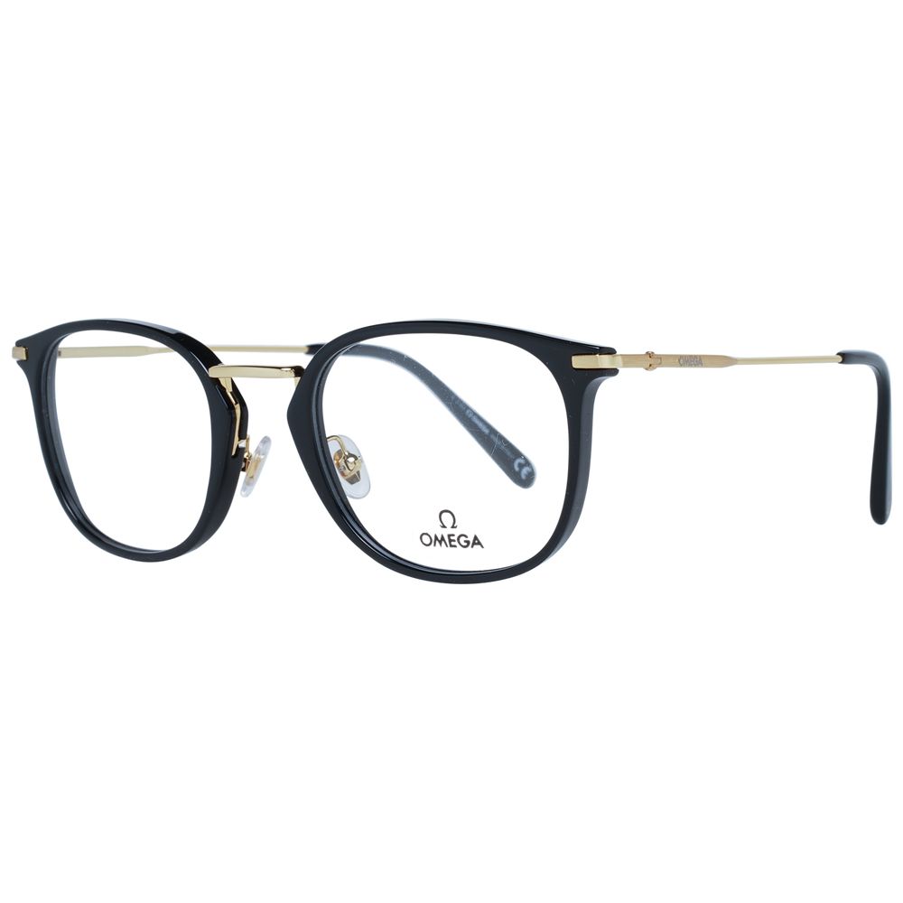 Lunettes Omega en métal noir et plastique avec monture élégante, vue de face sur un fond blanc.