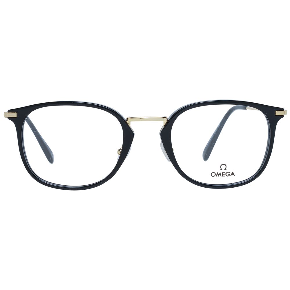 Lunettes Omega en métal noir et plastique avec monture élégante et moderne, vues de face sur fond blanc.