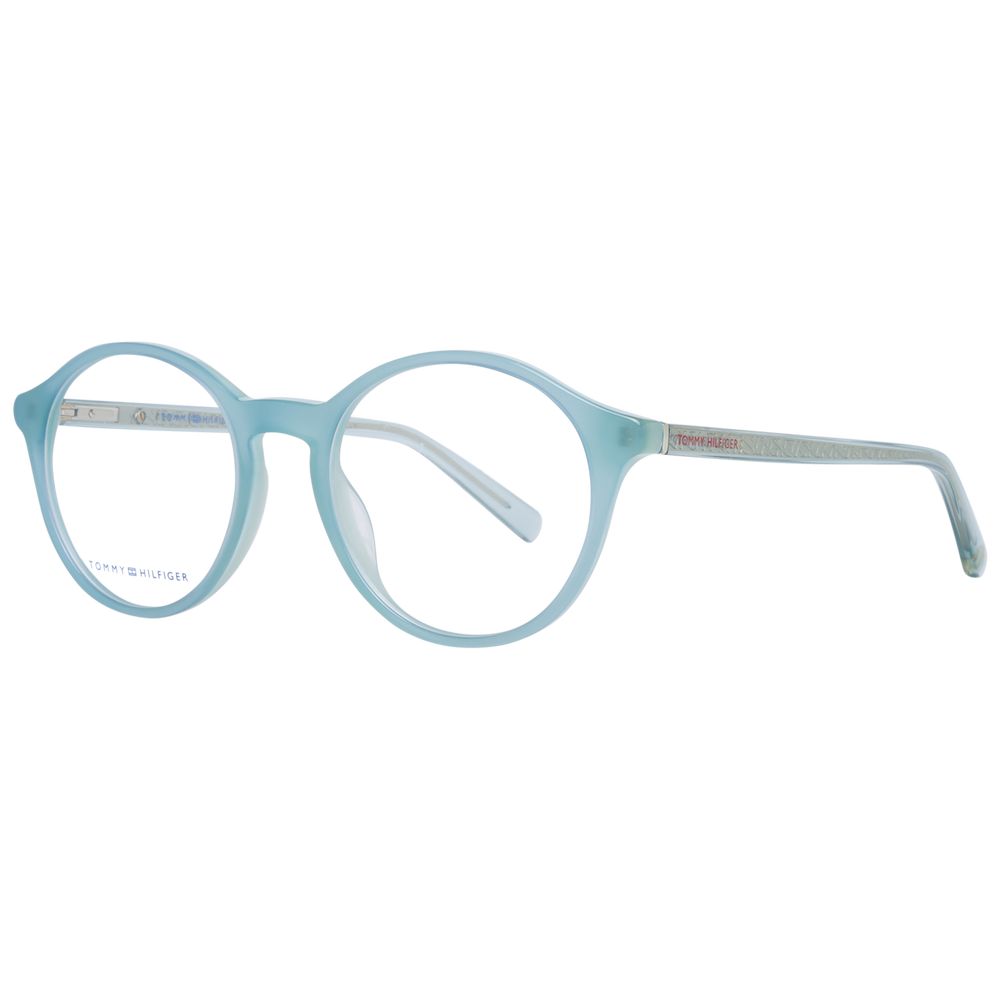 Lunettes en plastique bleues Tommy Hilfiger, monture élégante pour homme ou femme, vue de face avec détails de la marque visible.