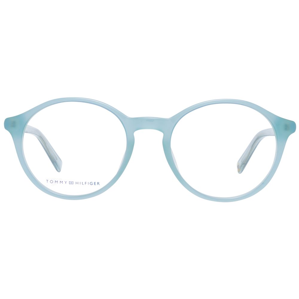 Lunettes en plastique bleues Tommy Hilfiger avec monture élégante et moderne, visibles sur l'image.