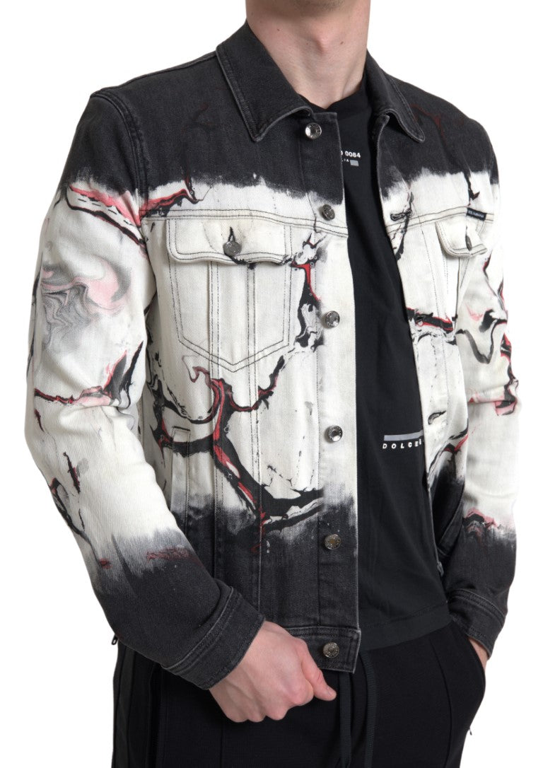 Veste en denim multicolore en coton avec col, de la marque Dolce & Gabbana, visible en détail sur l'image.