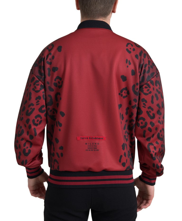 Veste bomber rouge à leopard en polyester Dolce & Gabbana avec fermeture éclair complète, style tendance et moderne.