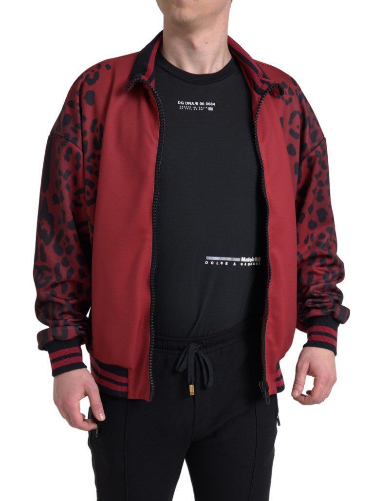 Veste bomber en polyester rouge à motif léopard de Dolce & Gabbana, fermeture éclair complète, style tendance et élégant.