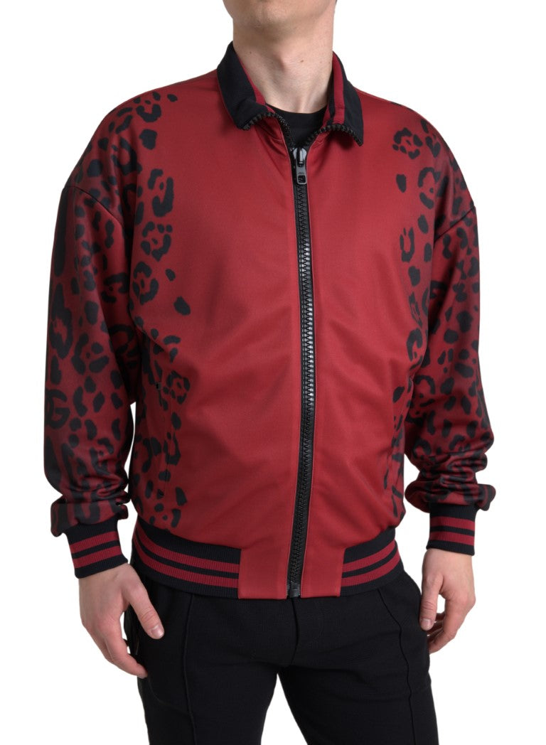 Veste bomber rouge à motif léopard en polyester de Dolce & Gabbana, fermeture éclair pleine longueur, style tendance et élégant.