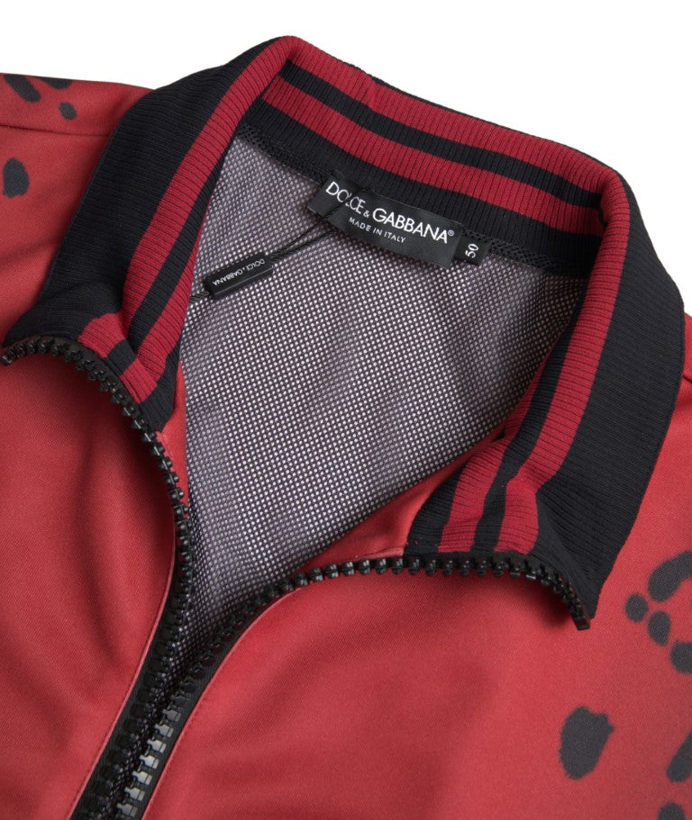 Veste bomber Dolce & Gabbana en polyester rouge avec motif léopard, fermeture éclair complète, style moderne et élégant.