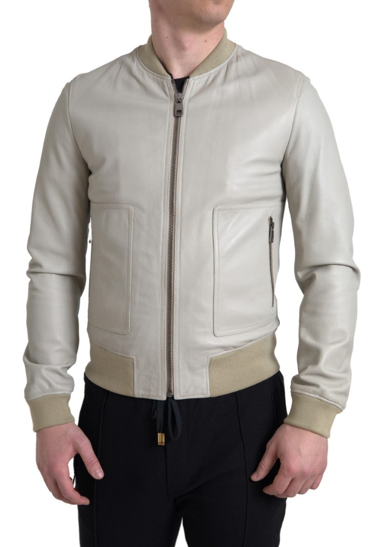 Blouson bomber Dolce & Gabbana en cuir crème à fermeture éclair, vue de face, détail du design élégant.