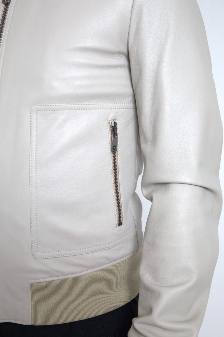 Veste bomber en cuir crème Dolce & Gabbana à fermeture éclair complète, style élégant et moderne.