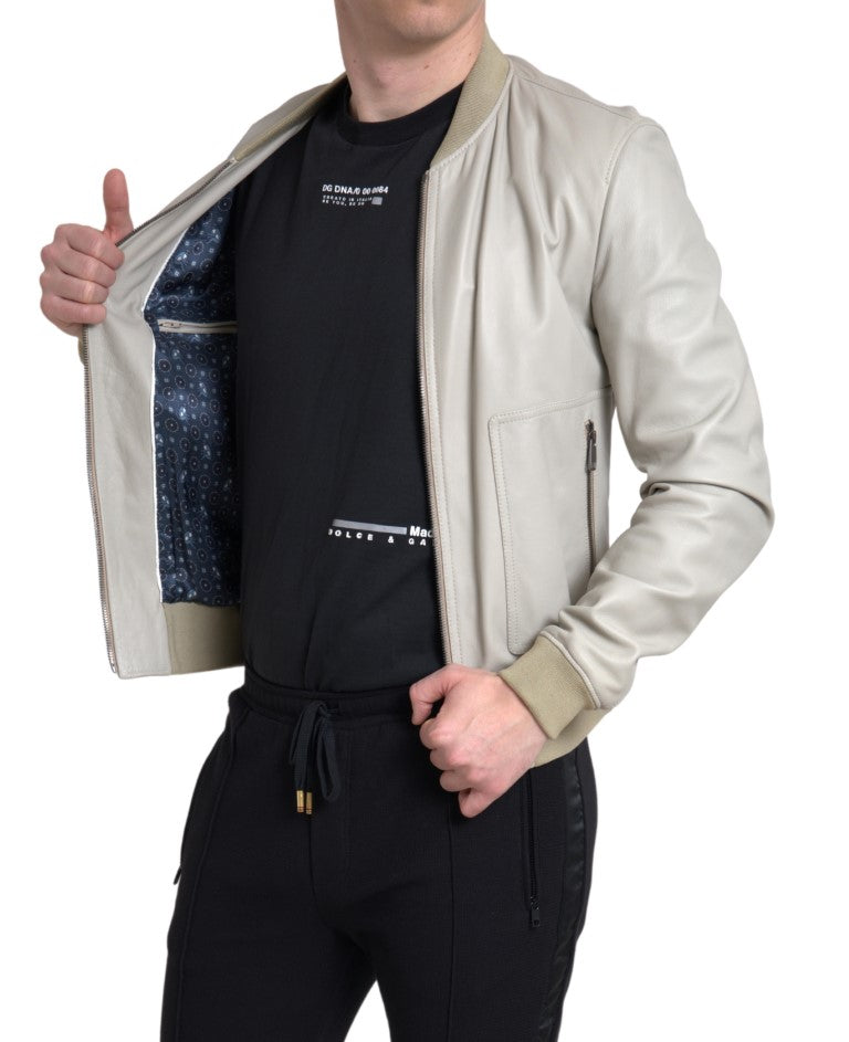 Blouson bomber en cuir crème Dolce & Gabbana avec fermeture éclair complète, style élégant et moderne.