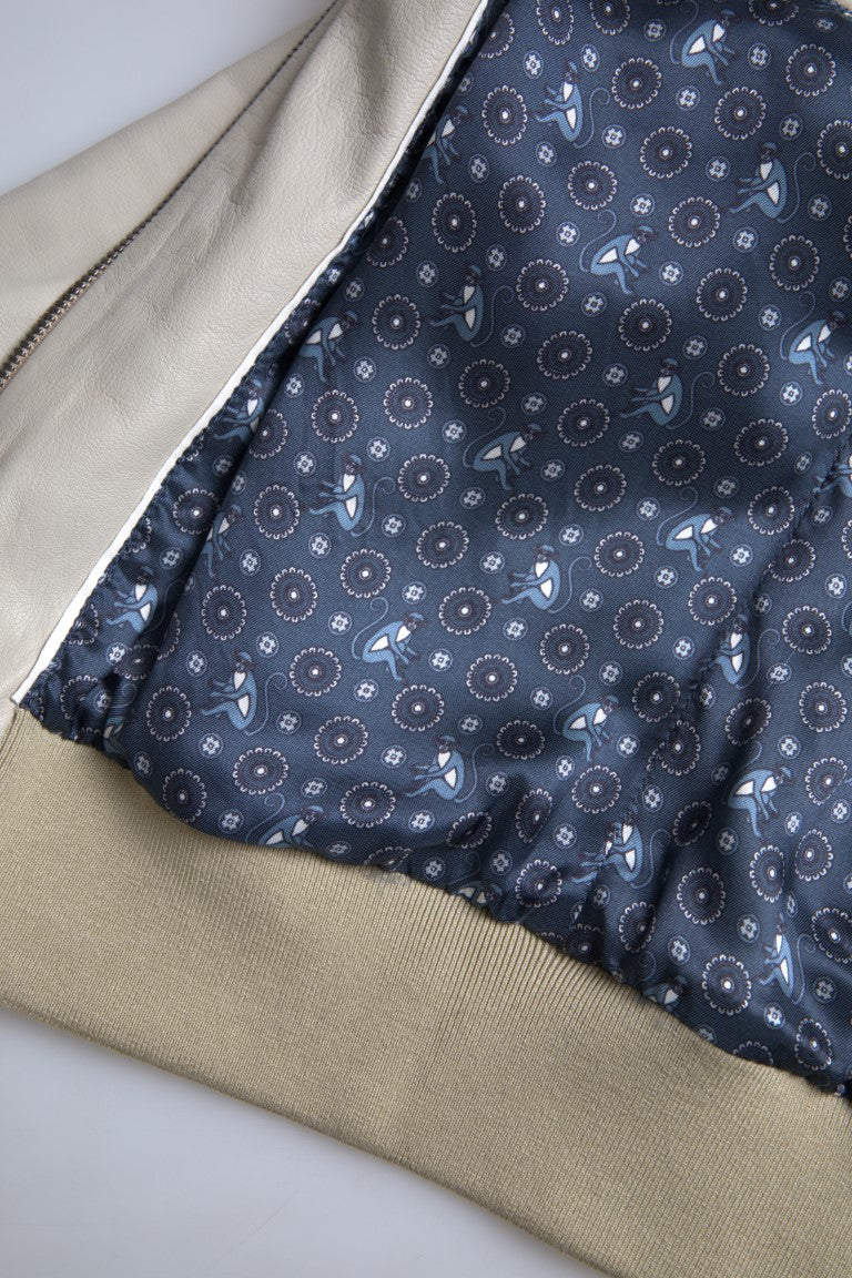 Veste bomber en cuir crème Dolce & Gabbana avec fermeture éclair complète, style élégant et moderne.
