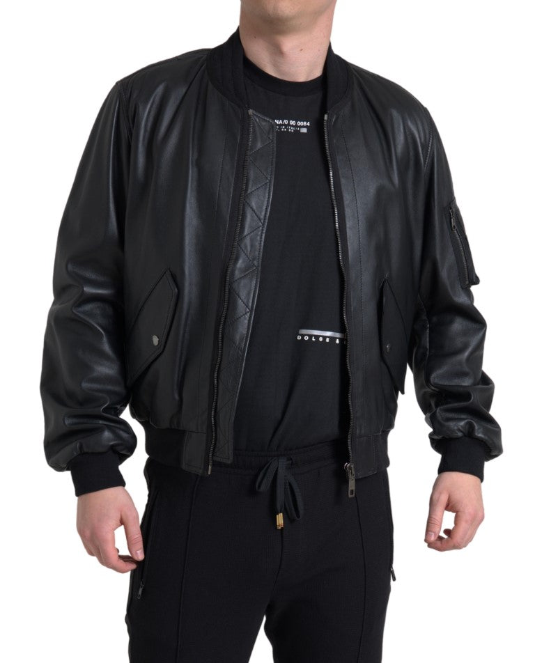 Blouson bomber noir en cuir de Dolce & Gabbana avec fermeture éclair complète, style élégant et moderne.